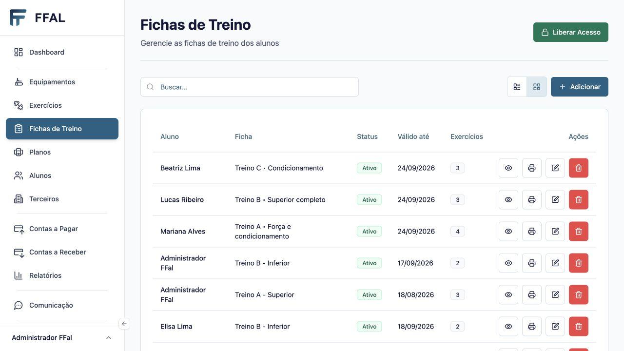 Tela do FFAL com fichas de treino ativas e quantidade de exercícios