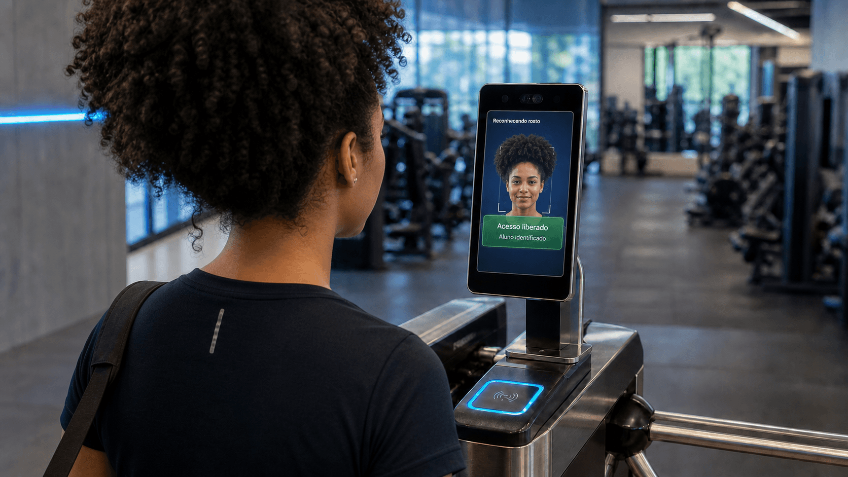 Aluno utilizando o reconhecimento facial com IA do FFAL para acessar a academia