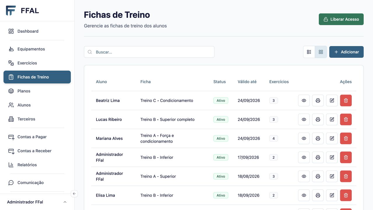 Tela do FFAL com fichas de treino ativas e quantidade de exercícios